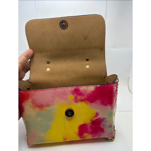 Handbags - Tie Dye Watercolor Crossbody Bag Gold Chain Strap Studded Top Handle Pink Yellow